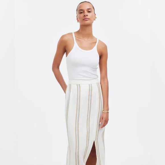 Madewell 100% Linen Striped Column Maxi Skirt XS Side Slit Summer - Picture 4 of 11